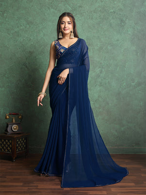 Poly Chiffon Dyed Saree With Heavy Embroidered Blouse Piece