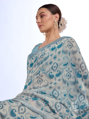 Teal Linen Blend Saree With Blouse Piece