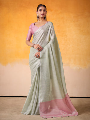 Light Celandon Banarasi Tissue Silk Saree With Blouse Piece