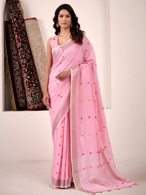Pink Linen Silk Saree With Blouse Piece