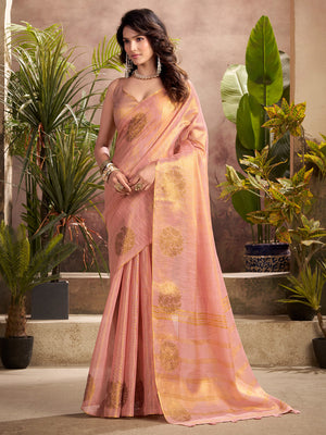 Light Pink Tissue Silk Adorned With Gorgeous Woven Butta Saree With Blouse Piece
