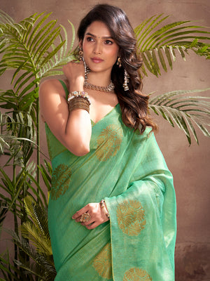 Green Tissue Silk Adorned With Gorgeous Woven Butta Saree With Blouse Piece