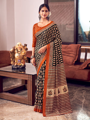Orange And Blue Mulmul Cottons Saree With Blouse Piece