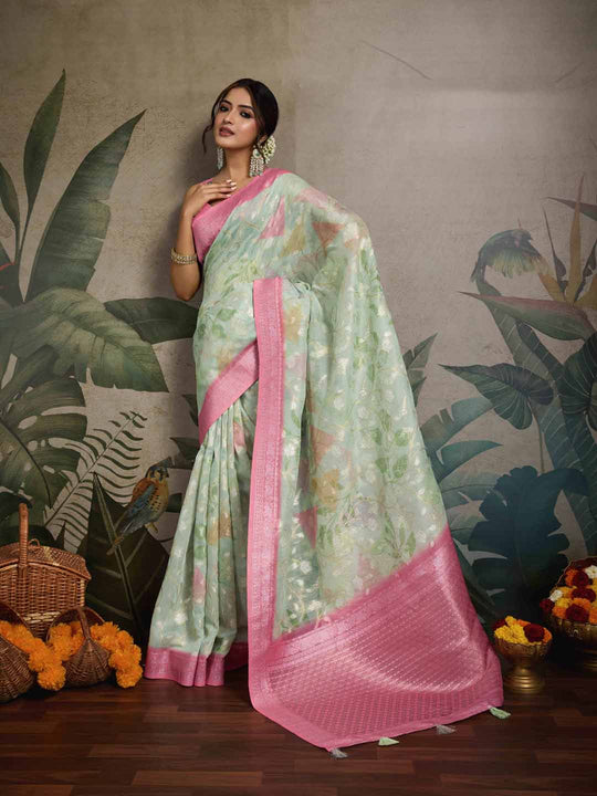 Pistagreen Pure Cotton Double Zari Woven Banarasi Printed With Blouse Piece Pistagreen Pure Cotton Double Zari Woven Banarasi Printed With Blouse Piece