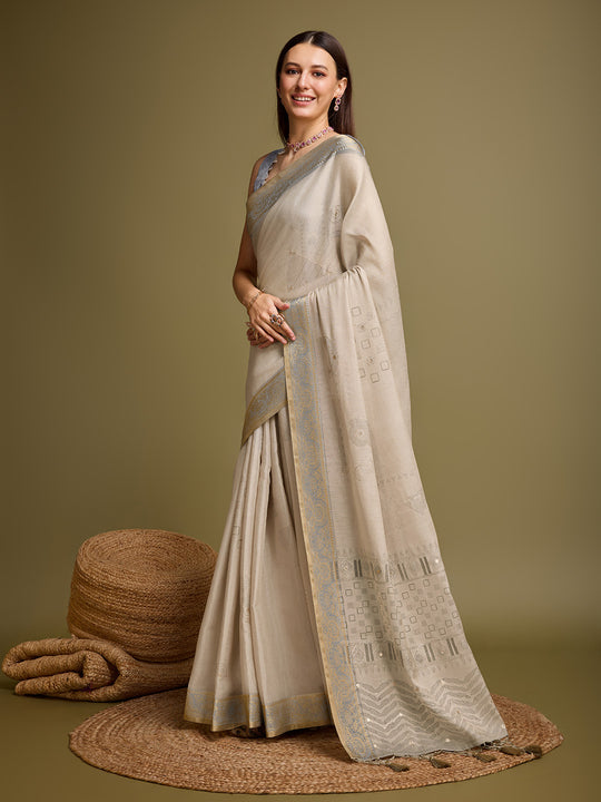 Beige Silk Blend Saree With Blouse Piece Beige Silk Blend Saree With Blouse Piece
