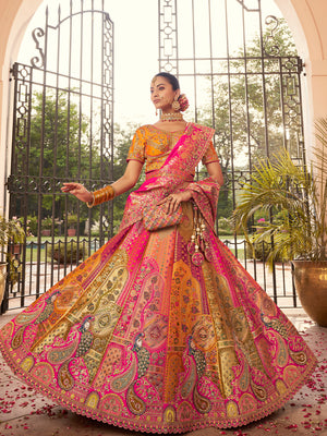 PINK BANARASI SILK WITH ZARKAN CODDING WORK LEHENGA CHOLI