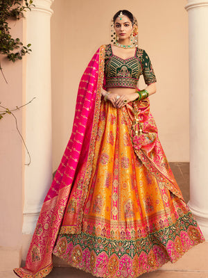 MULTICOLOR BANARASI SILK WITH ZARKAN CODDING WORK LEHENGA CHOLI