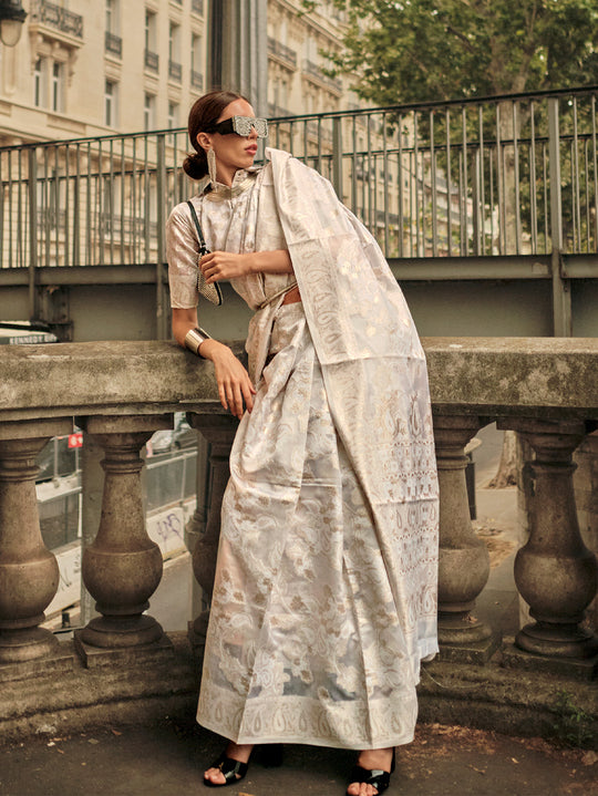Cream Organza Chickankari Saree With Blouse Piece Cream Organza Chickankari Saree With Blouse Piece