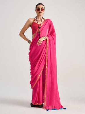 Hot Pink Viscose Saree With Blouse Piece