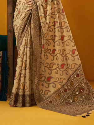 Brown Cotton Blend Jamdani Saree With Blouse Piece