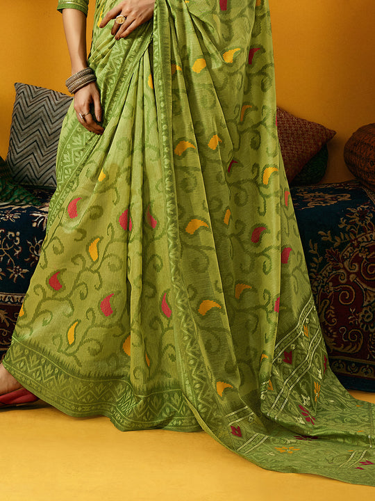 Green Cotton Blend Jamdani Saree With Blouse Piece Green Cotton Blend Jamdani Saree With Blouse Piece