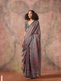 Grey Ajarakh Print Satin Georgette Saree With Blouse Piece Grey Ajarakh Print Satin Georgette Saree With Blouse Piece