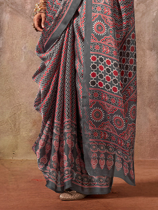 Grey Ajarakh Print Satin Georgette Saree With Blouse Piece Grey Ajarakh Print Satin Georgette Saree With Blouse Piece