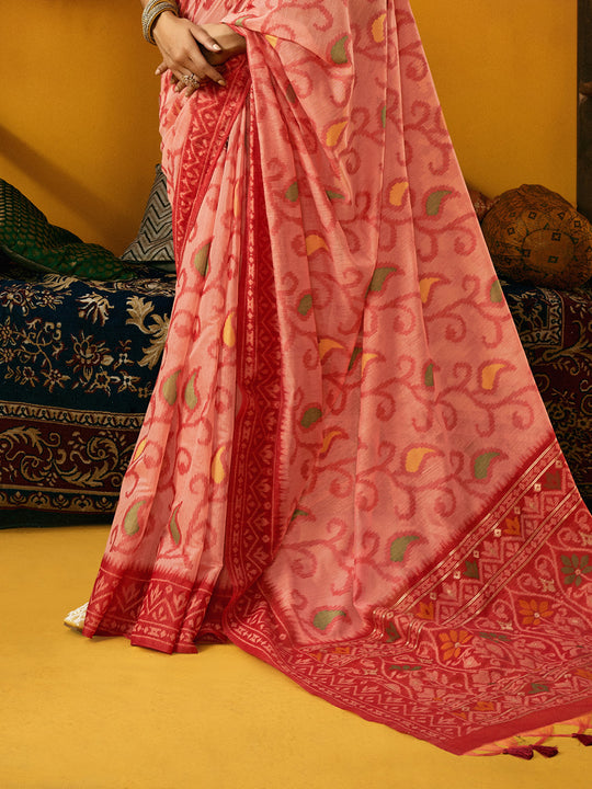 Light Red Cotton Blend Jamdani Saree With Blouse Piece Light Red Cotton Blend Jamdani Saree With Blouse Piece