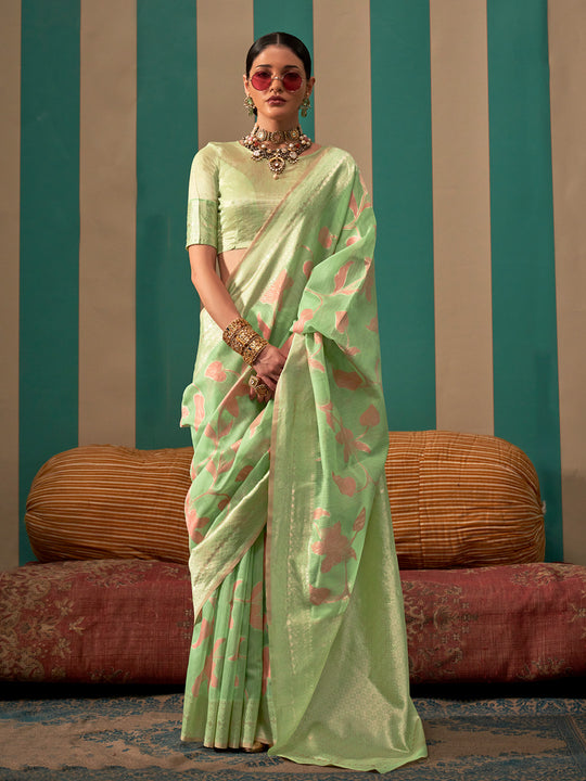 Green Party Wear Linen Blend Saree With Blouse Piece Green Party Wear Linen Blend Saree With Blouse Piece