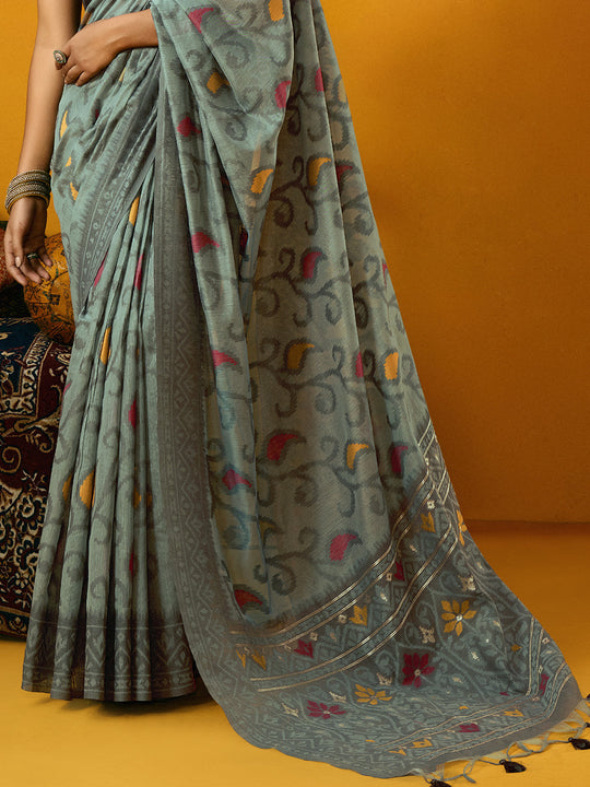 Grey Cotton Blend Jamdani Saree With Blouse Piece Grey Cotton Blend Jamdani Saree With Blouse Piece