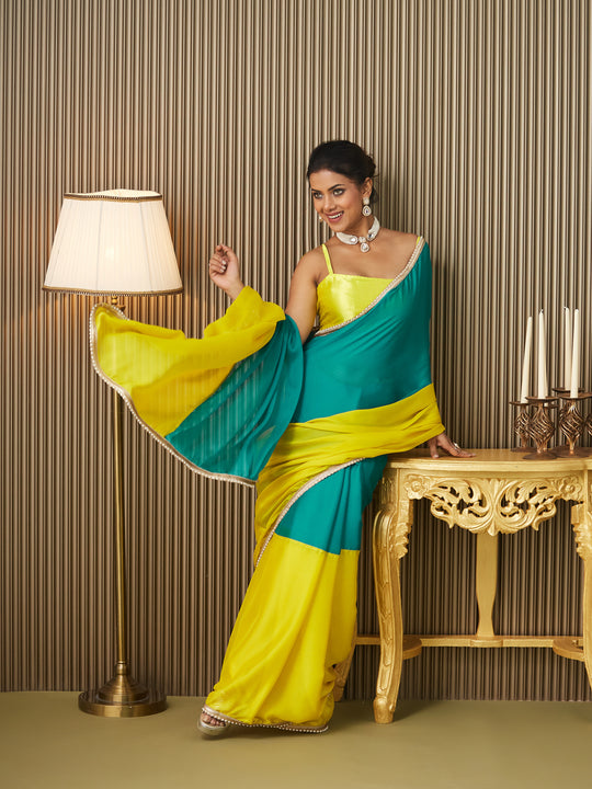 Teal Chiffon Colourblocked Saree With Blouse Piece Teal Chiffon Colourblocked Saree With Blouse Piece