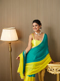 Teal Chiffon Colourblocked Saree With Blouse Piece Teal Chiffon Colourblocked Saree With Blouse Piece
