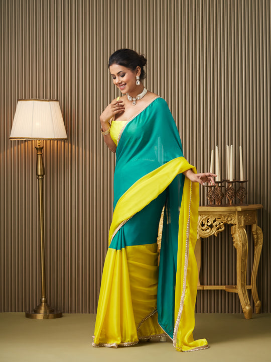 Teal Chiffon Colourblocked Saree With Blouse Piece Teal Chiffon Colourblocked Saree With Blouse Piece