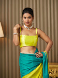Teal Chiffon Colourblocked Saree With Blouse Piece Teal Chiffon Colourblocked Saree With Blouse Piece