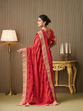 Red Satin Embroidered Saree With Blouse Piece Red Satin Embroidered Saree With Blouse Piece