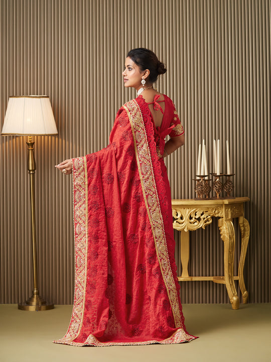 Red Satin Embroidered Saree With Blouse Piece Red Satin Embroidered Saree With Blouse Piece