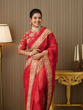 Red Satin Embroidered Saree With Blouse Piece Red Satin Embroidered Saree With Blouse Piece