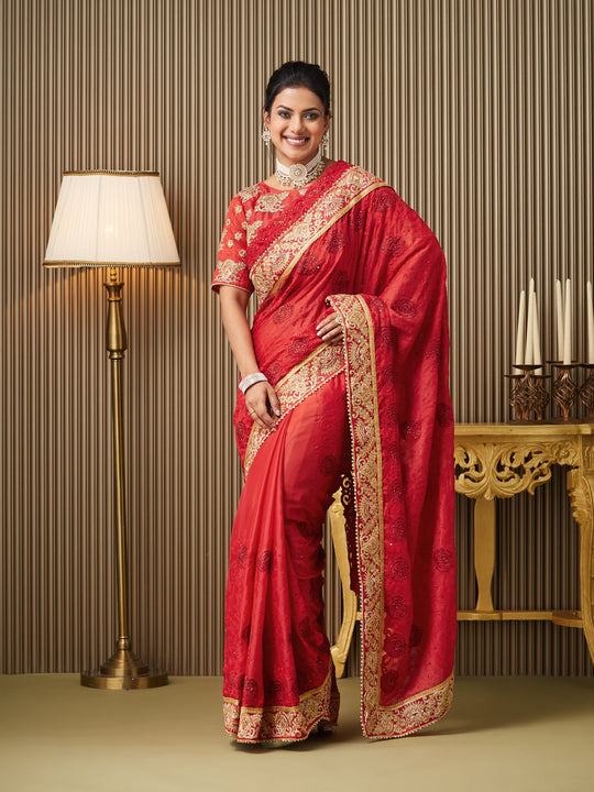 Red Satin Embroidered Saree With Blouse Piece Red Satin Embroidered Saree With Blouse Piece