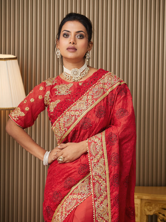 Red Satin Embroidered Saree With Blouse Piece Red Satin Embroidered Saree With Blouse Piece