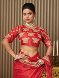 Red Satin Embroidered Saree With Blouse Piece Red Satin Embroidered Saree With Blouse Piece