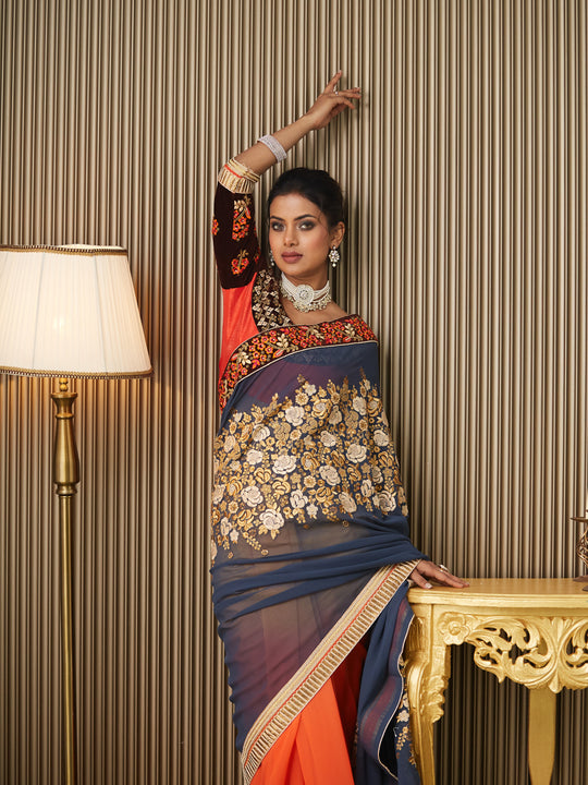 Multi Georgette Embroidered Saree With Blouse Piece Multi Georgette Embroidered Saree With Blouse Piece