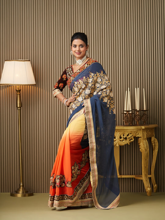 Multi Georgette Embroidered Saree With Blouse Piece Multi Georgette Embroidered Saree With Blouse Piece