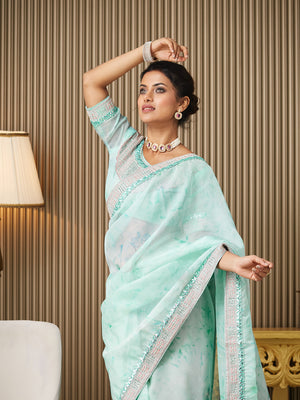 Turquoise Blue Organza Embroidered Saree With Blouse Piece
