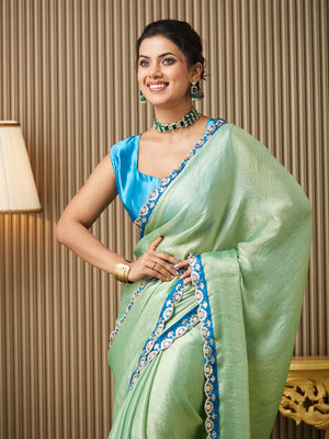 Green Chiffon Embroidered Saree With Blouse Piece