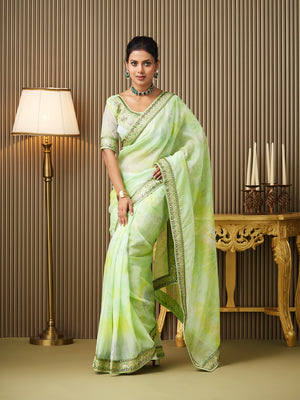 Green Organza Embroidered Saree With Blouse Piece