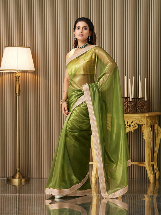 Green Net Embellished Saree With Blouse Piece Green Net Embellished Saree With Blouse Piece