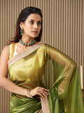 Green Net Embellished Saree With Blouse Piece Green Net Embellished Saree With Blouse Piece
