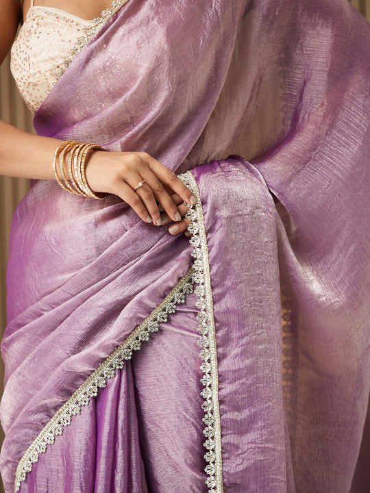 Lavender Satin Embellished Saree With Blouse Piece Lavender Satin Embellished Saree With Blouse Piece