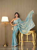 Turquoise Blue Satin Embellished Saree With Blouse Piece Turquoise Blue Satin Embellished Saree With Blouse Piece