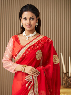 Red Chiffon Embroidered Saree With Blouse Piece