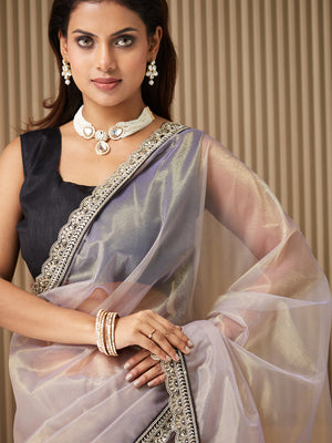 Lavender Organza Embroidered Saree With Blouse Piece
