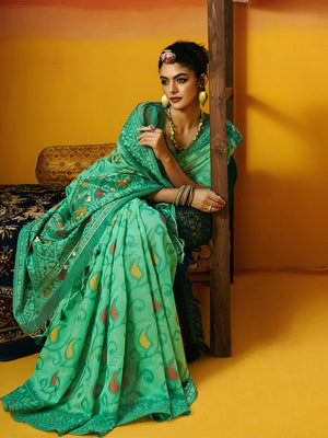 Green Cotton Blend Jamdani Saree With Blouse Piece
