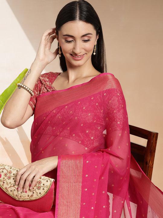 Fuchsia Chiffon Ready To Wear Saree With Blouse Piece Fuchsia Chiffon Ready To Wear Saree With Blouse Piece