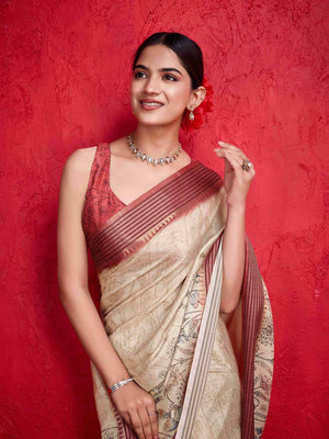 Beige Pure Tussar Viscose Border Paisley Digital Printed With Blouse Piece