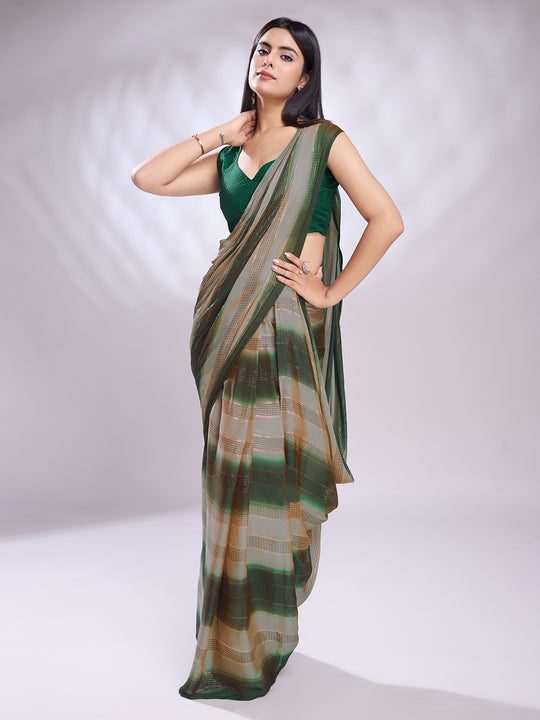 Green Silk Blend Ready To Wear Saree With Blouse Piece Green Silk Blend Ready To Wear Saree With Blouse Piece