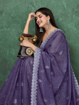 Purple Cotton Banarasi Printed Saree With Thread Embroidery Scalloping Saree With Blouse Piece