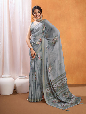 Grey Poly Crepe Party Wear Saree With Blouse Piece