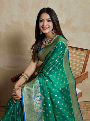 Green Pure Satin Banarasi Saree With Tassels Saree With Blouse Piece
