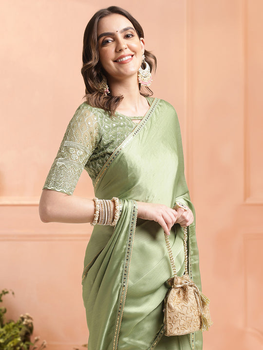 Sea Green Chiffon Ready To Wear Saree With Blouse Piece Sea Green Chiffon Ready To Wear Saree With Blouse Piece