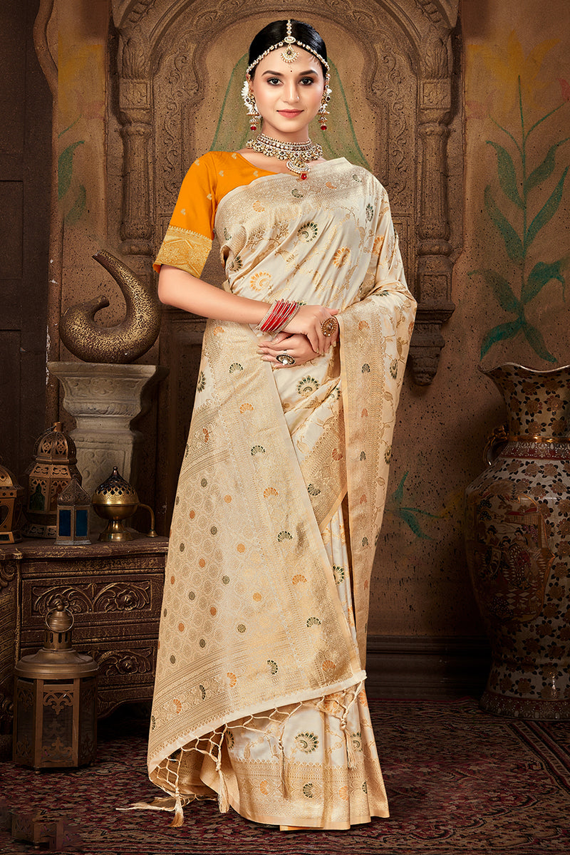 Women's Cotton Silk Cream Printed Designer Saree With Blouse Piece